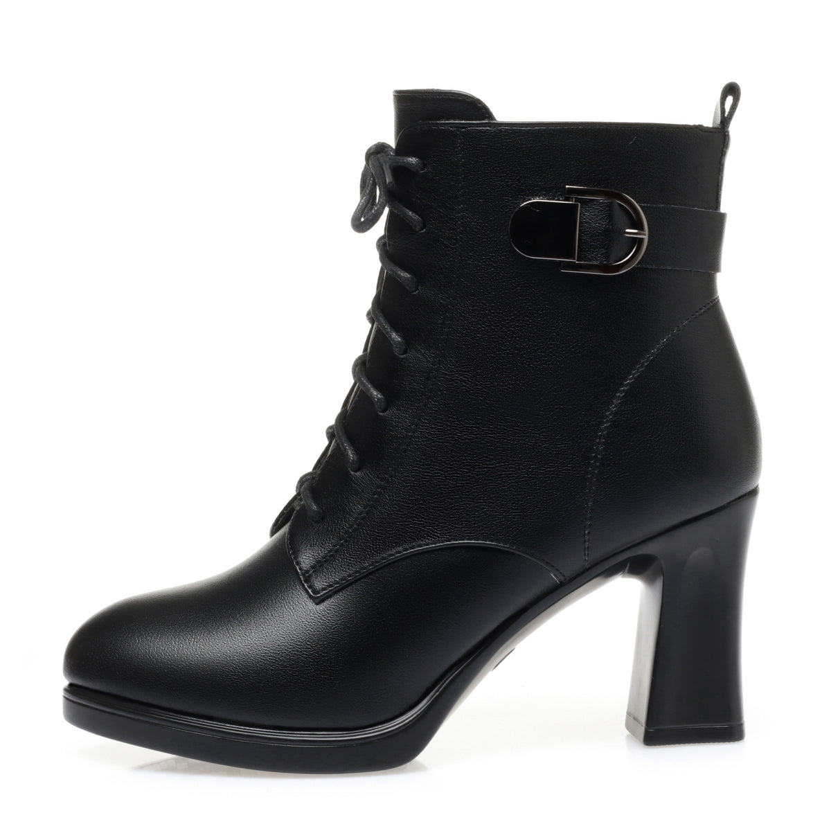Women's black lace-up ankle boots with buckle accent, side view