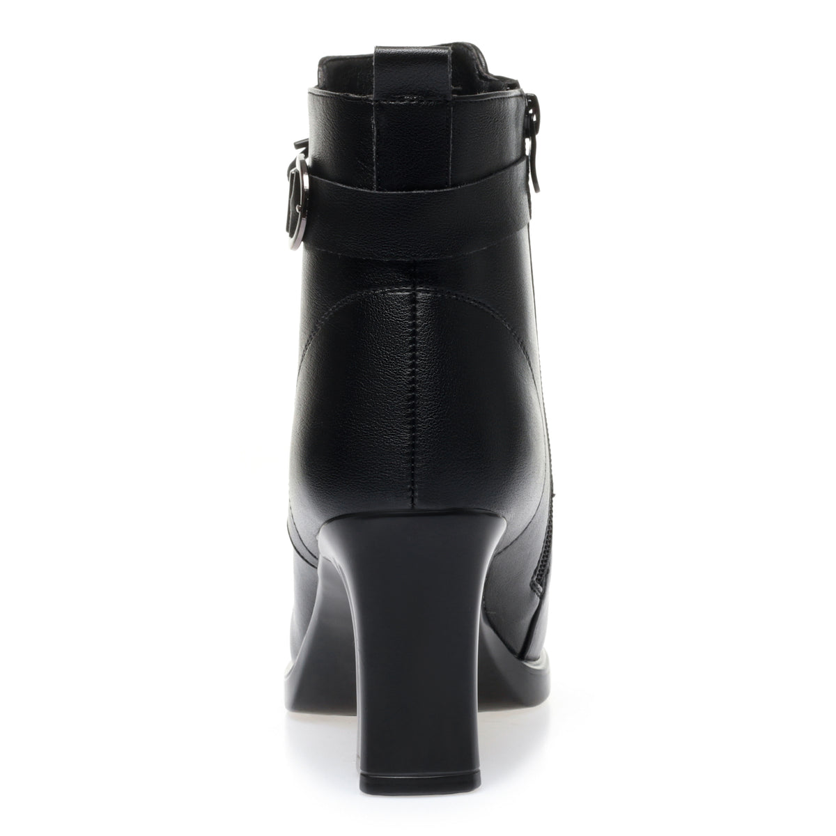 Women's black lace-up ankle boots with buckle accent, back heel view