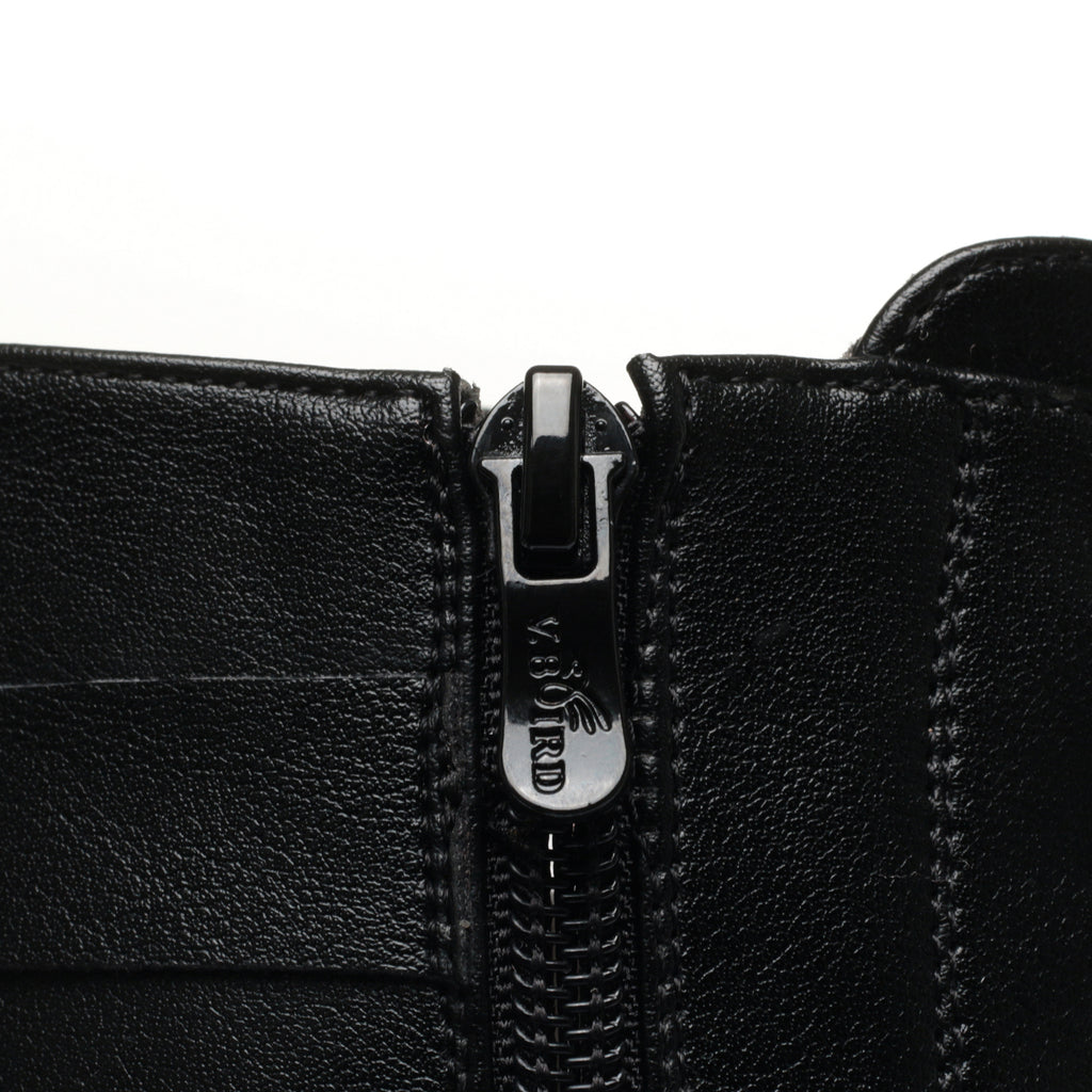 Women's black ankle boots, side zipper detail close-up