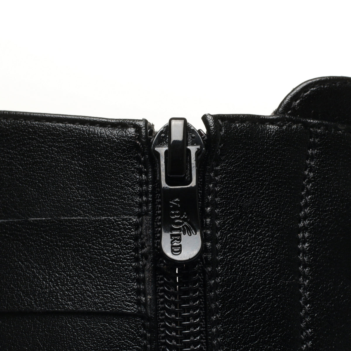 Women's black ankle boots, side zipper detail close-up