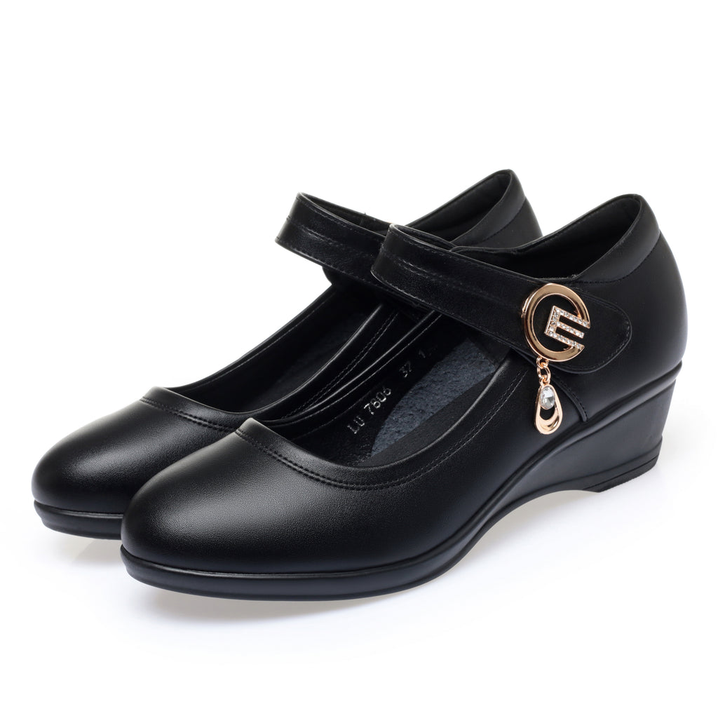 CUSHHIDE Women's Metal Accent Wedge Shoes with Hook-and-Loop Strap