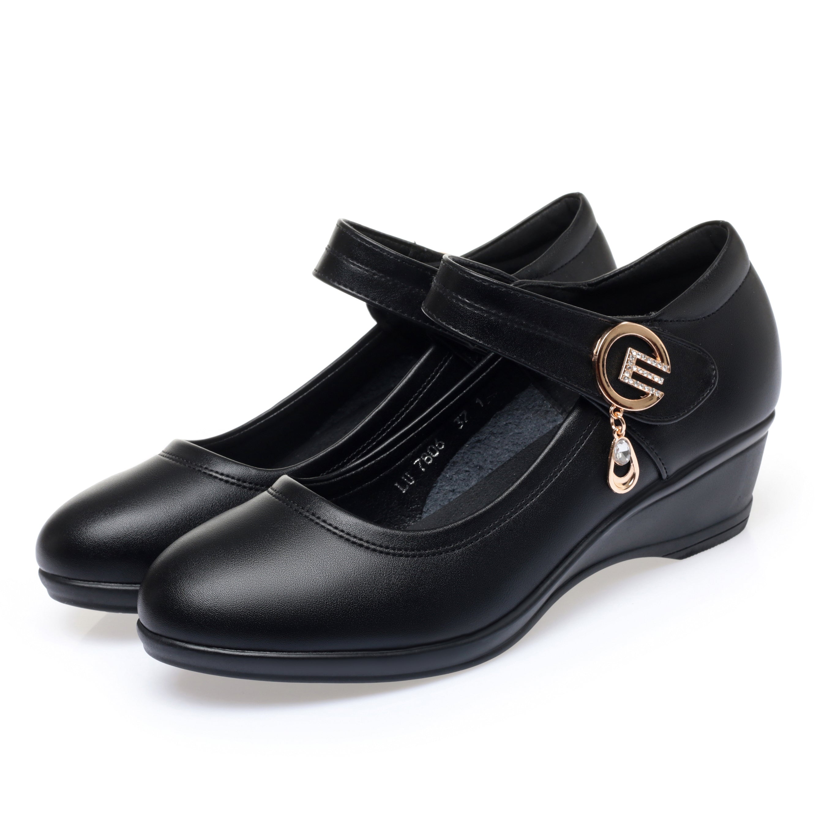 CUSHHIDE Women's Metal Accent Wedge Shoes with Hook-and-Loop Strap