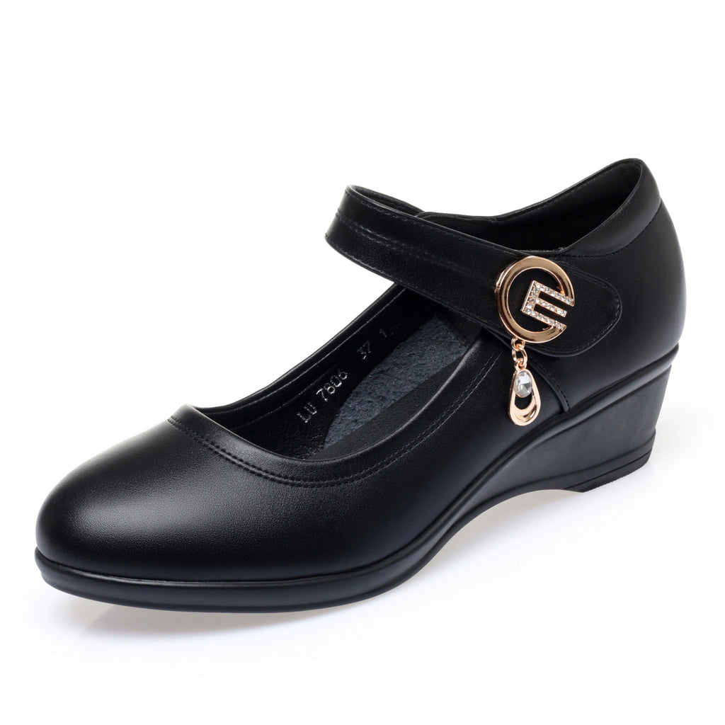 CUSHHIDE Women's Metal Accent Wedge Shoes with Hook-and-Loop Strap