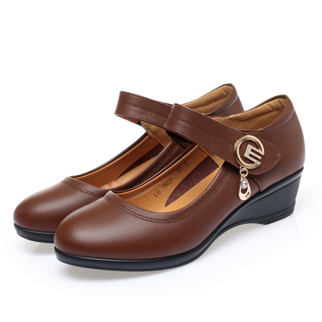 CUSHHIDE Women's Metal Accent Wedge Shoes with Hook-and-Loop Strap