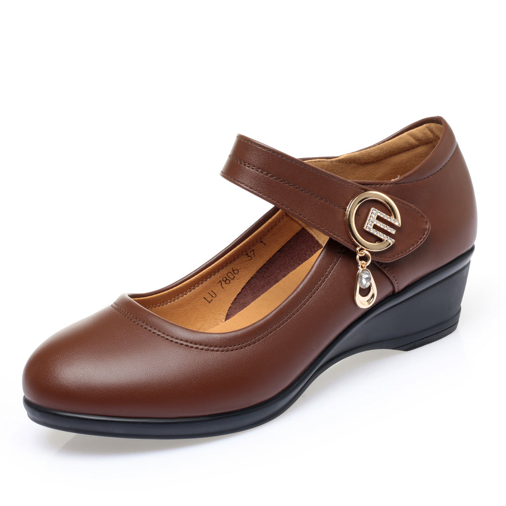 CUSHHIDE Women's Metal Accent Wedge Shoes with Hook-and-Loop Strap