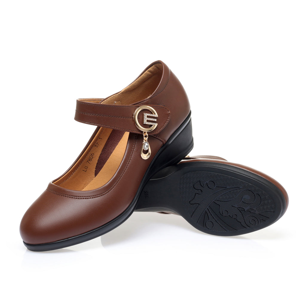 CUSHHIDE Women's Metal Accent Wedge Shoes with Hook-and-Loop Strap