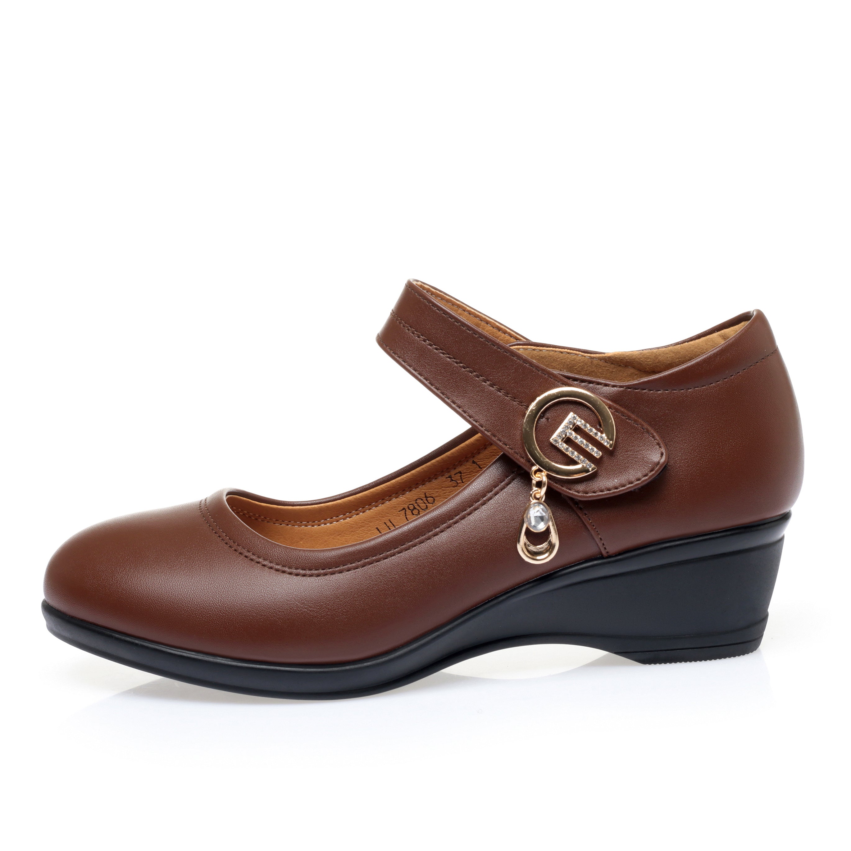 CUSHHIDE Women's Metal Accent Wedge Shoes with Hook-and-Loop Strap