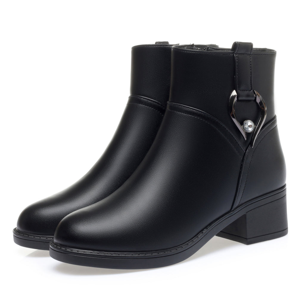 CUSHHIDE Women's Fleece-Lined Ankle Boots with Metal Buckle, 2-Inch Heel