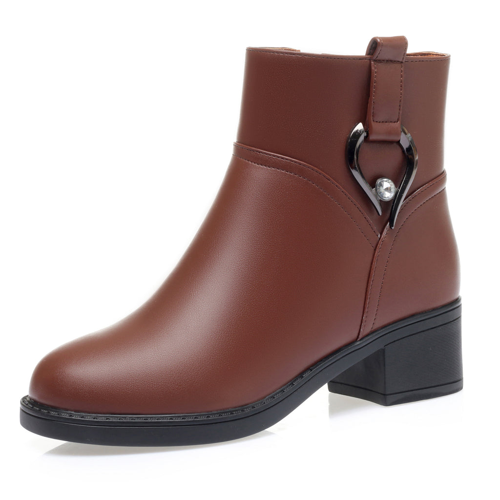 CUSHHIDE Women's Fleece-Lined Ankle Boots with Metal Buckle, 2-Inch Heel