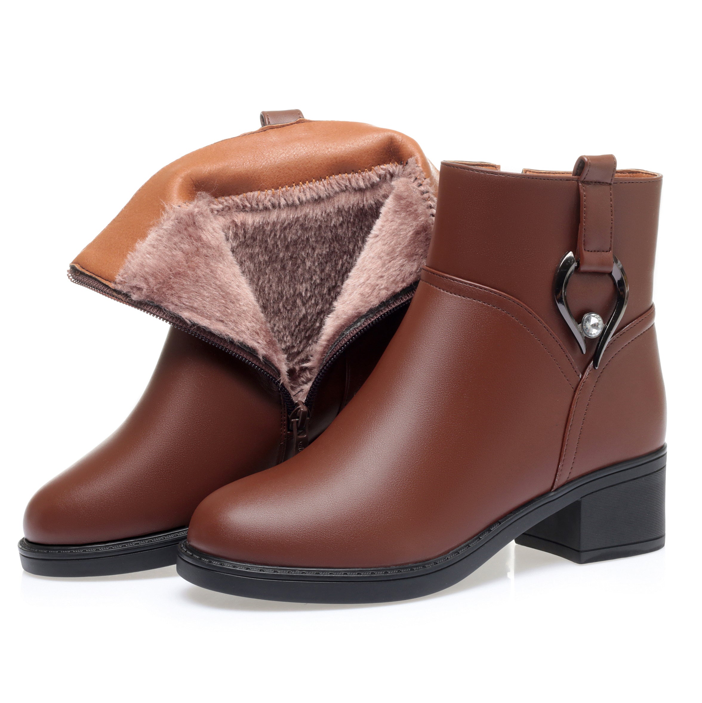 CUSHHIDE Women's Fleece-Lined Ankle Boots with Metal Buckle, 2-Inch Heel