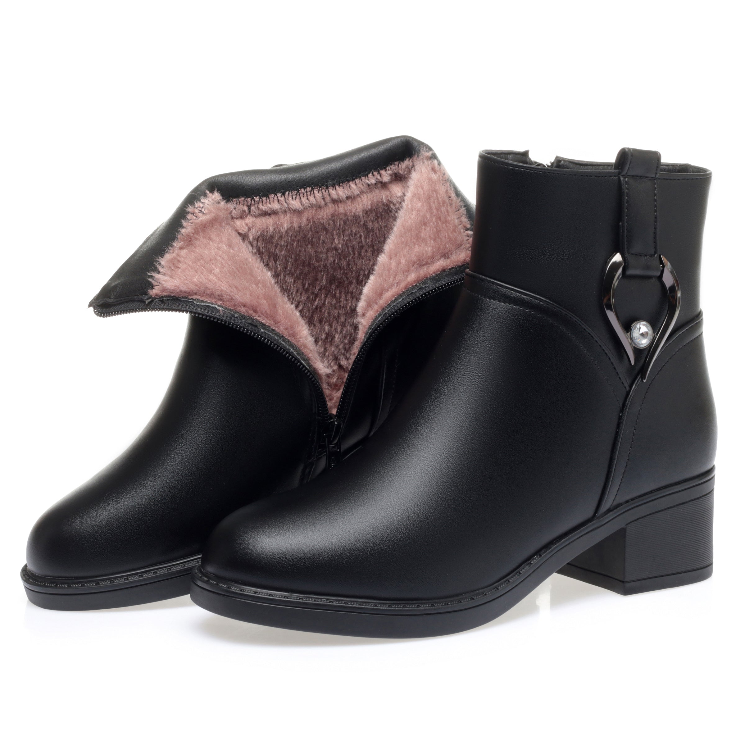 CUSHHIDE Women's Fleece-Lined Ankle Boots with Metal Buckle, 2-Inch Heel