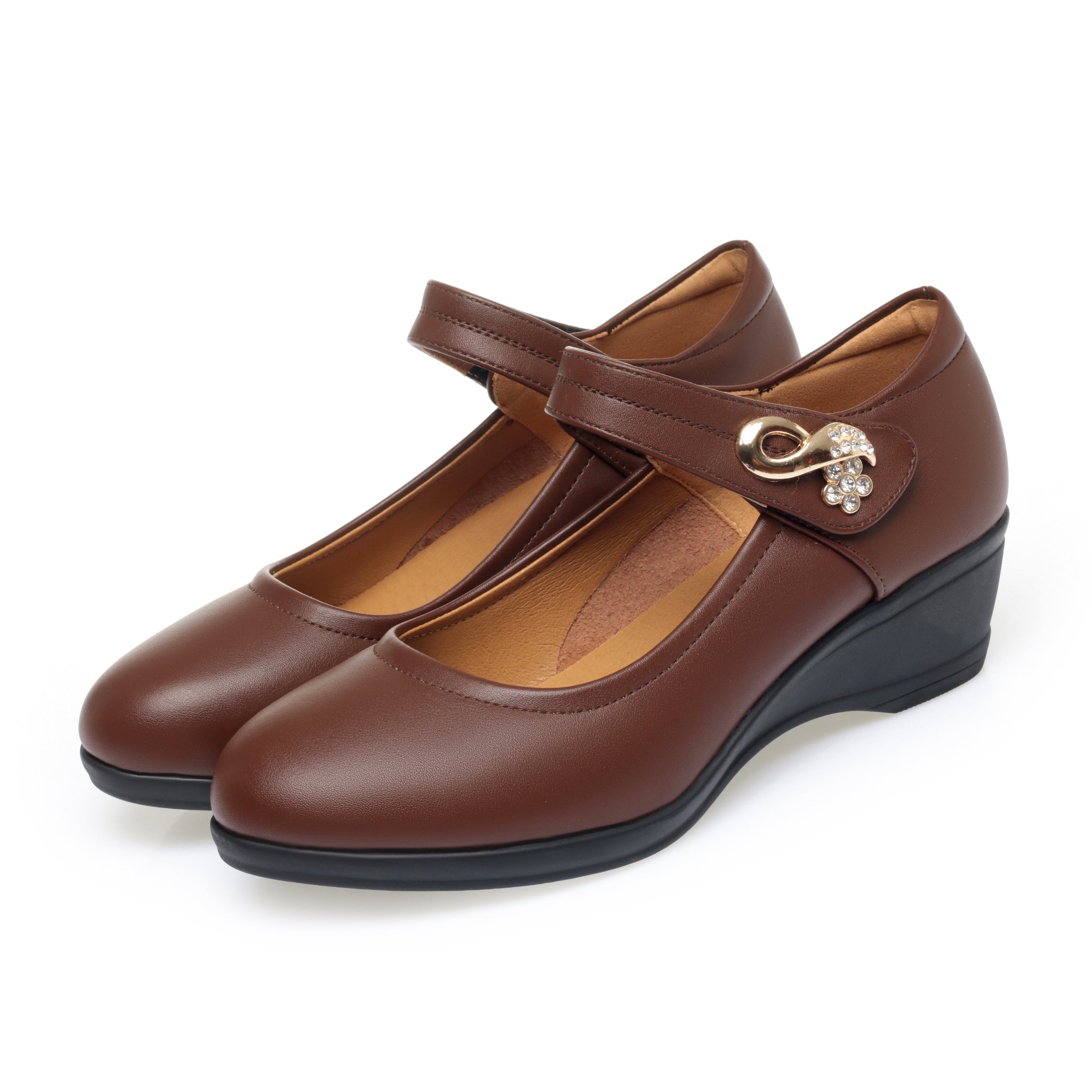 CUSHHIDE Women's Metal Accent Wedge Shoes with Adjustable Strap