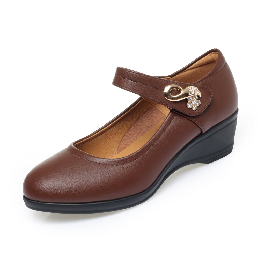 CUSHHIDE Women's Metal Accent Wedge Shoes with Adjustable Strap