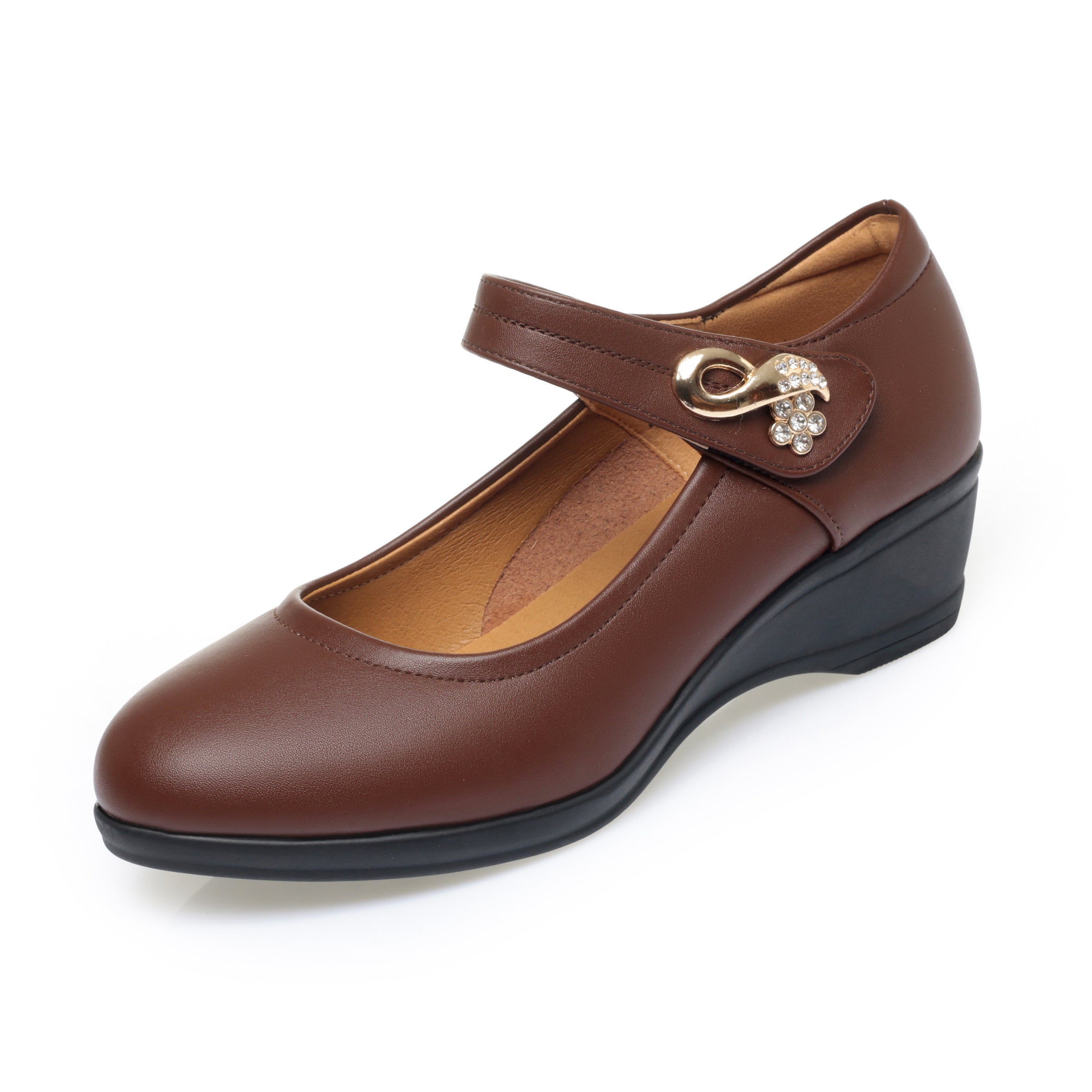 CUSHHIDE Women's Metal Accent Wedge Shoes with Adjustable Strap