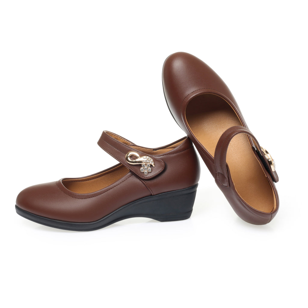 CUSHHIDE Women's Metal Accent Wedge Shoes with Adjustable Strap