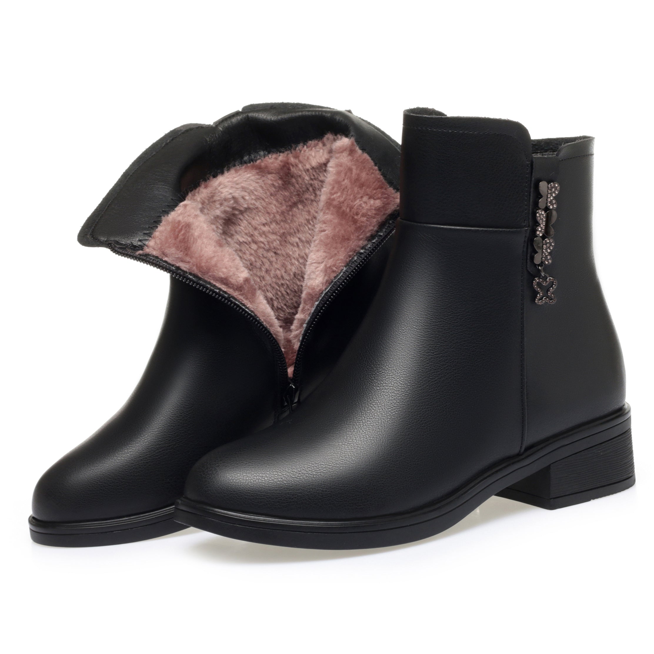 CUSHHIDE Women's Fleece-Lined Ankle Boots with Metal Buckle, 1.4-Inch Heel