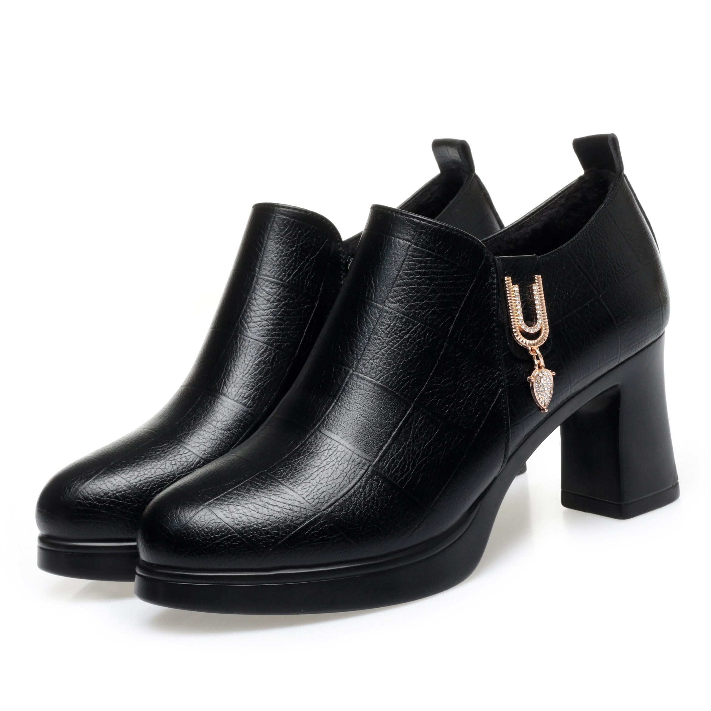 CUSHHIDE Women's Fleece-Lined Ankle Boots with Metal Accent and Side Zipper, 2.8-Inch Heel