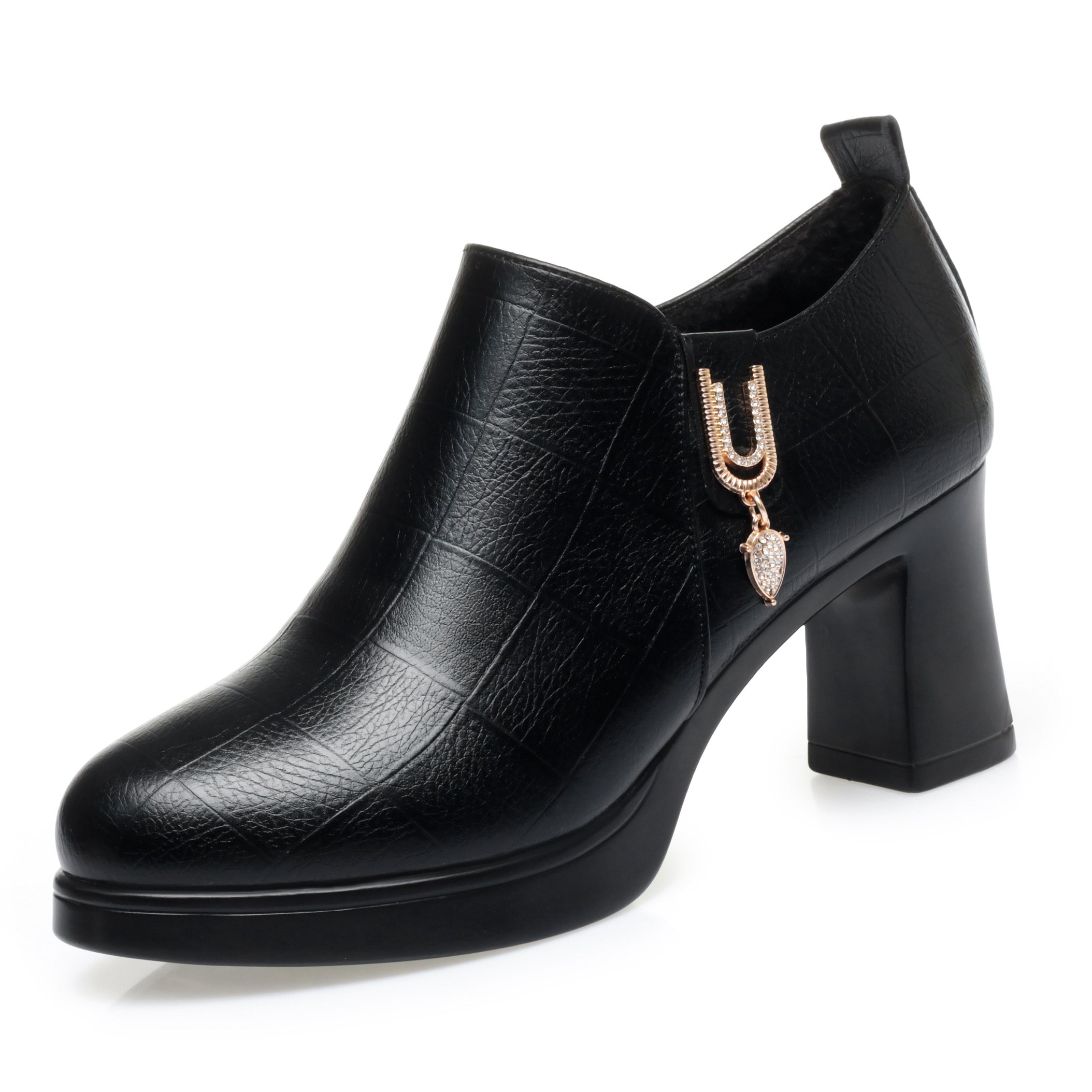CUSHHIDE Women's Fleece-Lined Ankle Boots with Metal Accent and Side Zipper, 2.8-Inch Heel