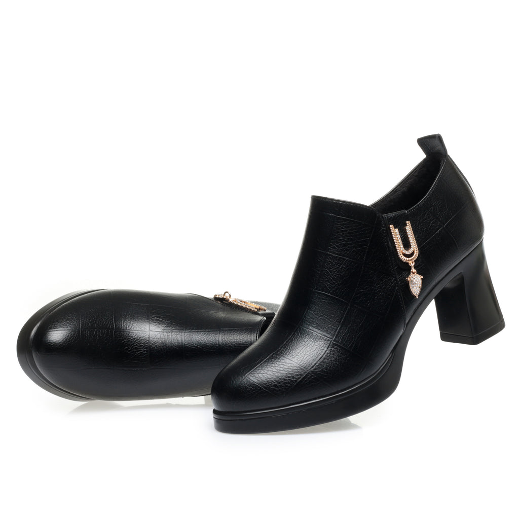 CUSHHIDE Women's Fleece-Lined Ankle Boots with Metal Accent and Side Zipper, 2.8-Inch Heel