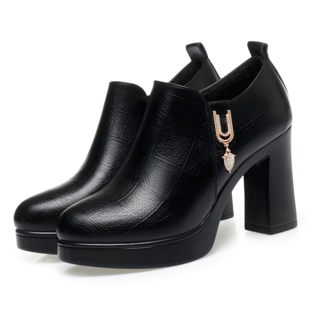 CUSHHIDE Women's Fleece-Lined Ankle Boots with Metal Accent, 3.5-Inch Heel