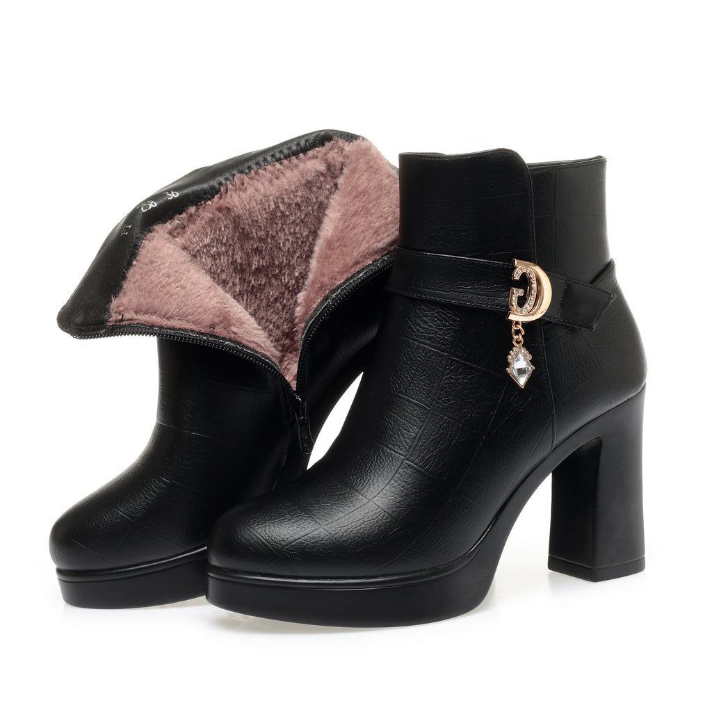 CUSHHIDE Women's Fleece-Lined Ankle Boots with Metal Accent, 2.8-Inch Heel