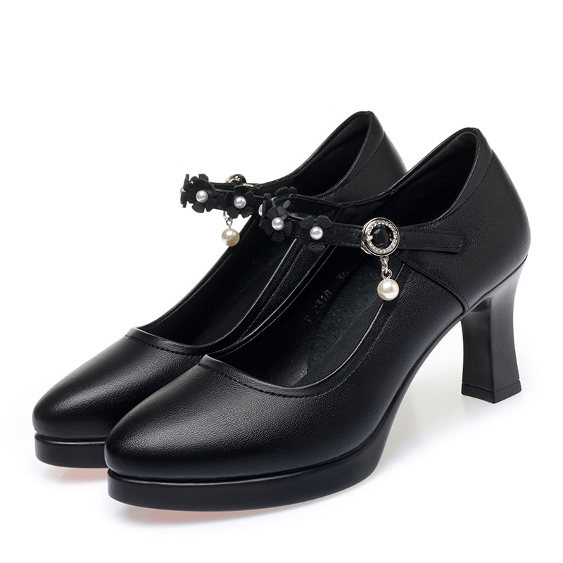 CUSHHIDE Women's Floral Mary Jane Heels with Hook-and-Loop Strap