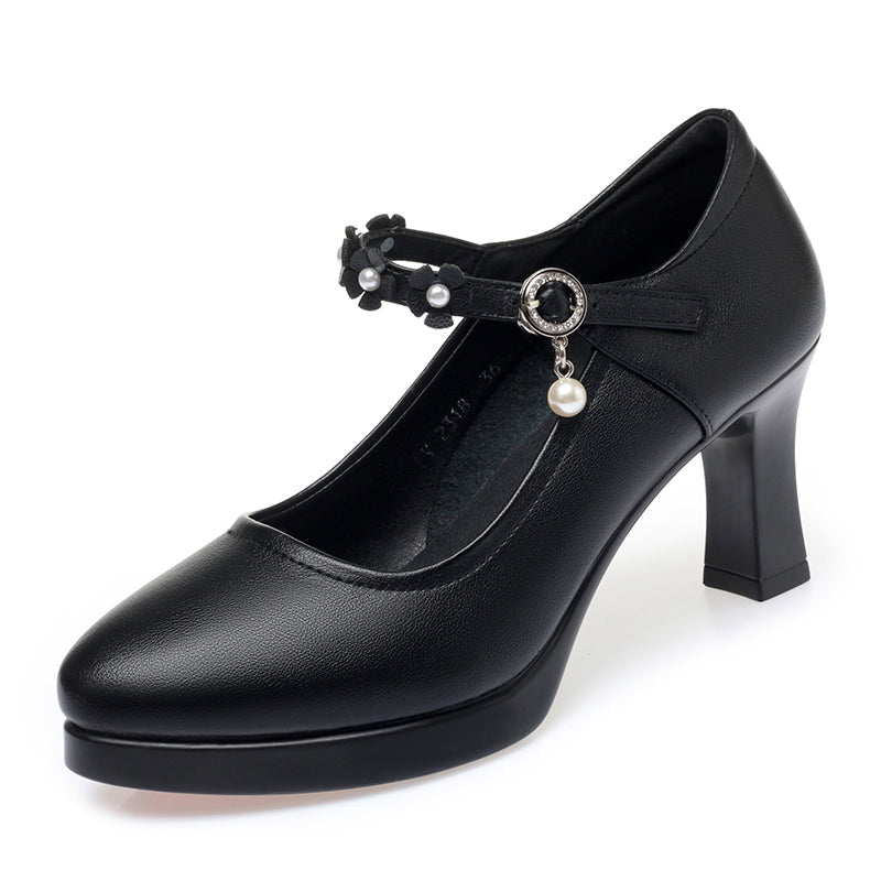 CUSHHIDE Women's Floral Mary Jane Heels with Hook-and-Loop Strap