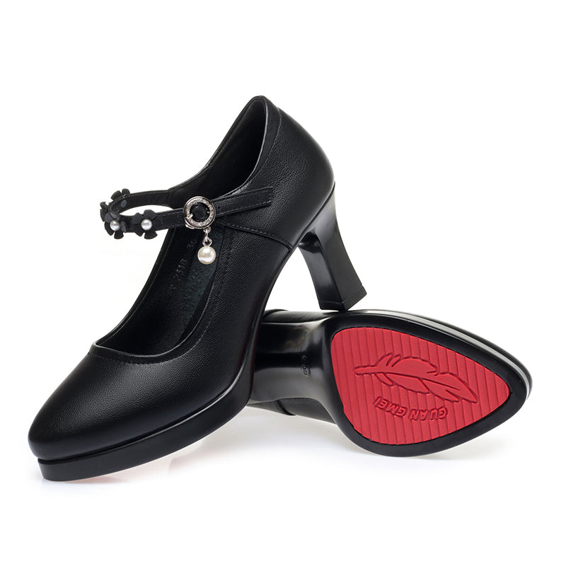 CUSHHIDE Women's Floral Mary Jane Heels with Hook-and-Loop Strap