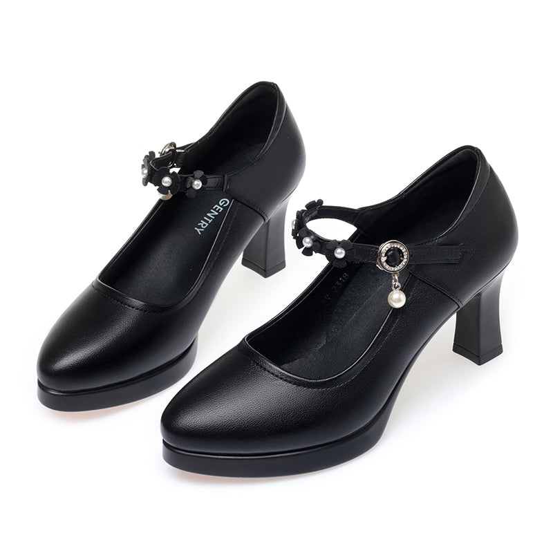 CUSHHIDE Women's Floral Mary Jane Heels with Hook-and-Loop Strap