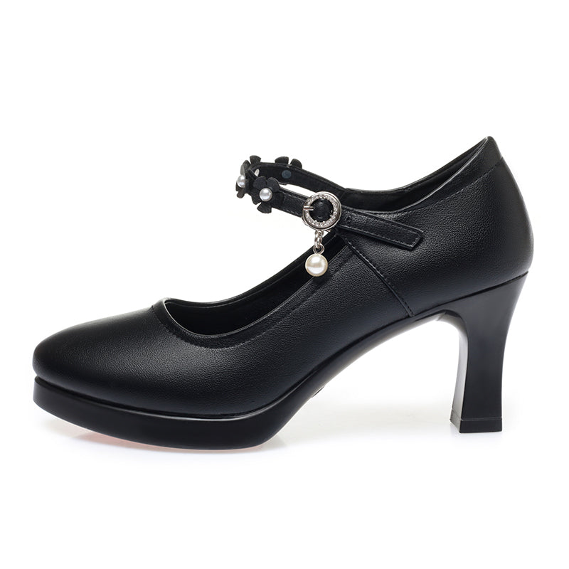 CUSHHIDE Women's Floral Mary Jane Heels with Hook-and-Loop Strap
