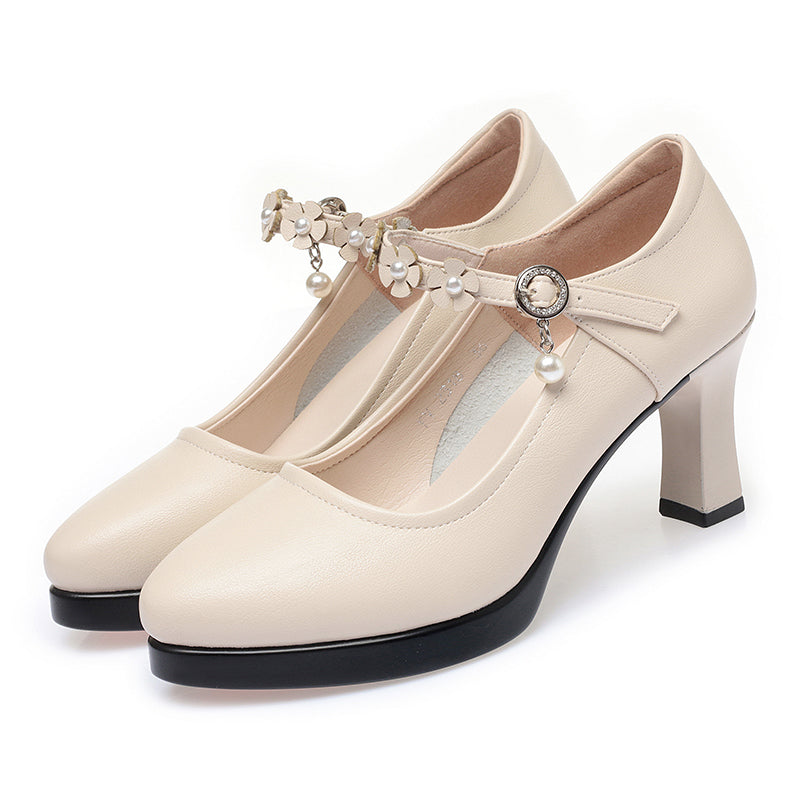 CUSHHIDE Women's Floral Mary Jane Heels with Hook-and-Loop Strap