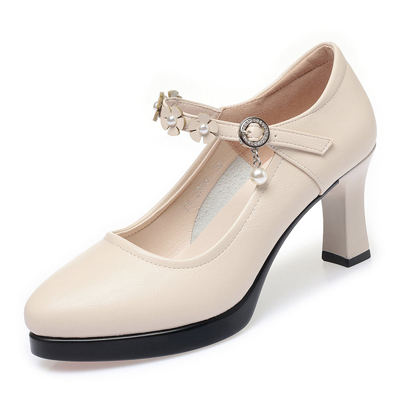 CUSHHIDE Women's Floral Mary Jane Heels with Hook-and-Loop Strap