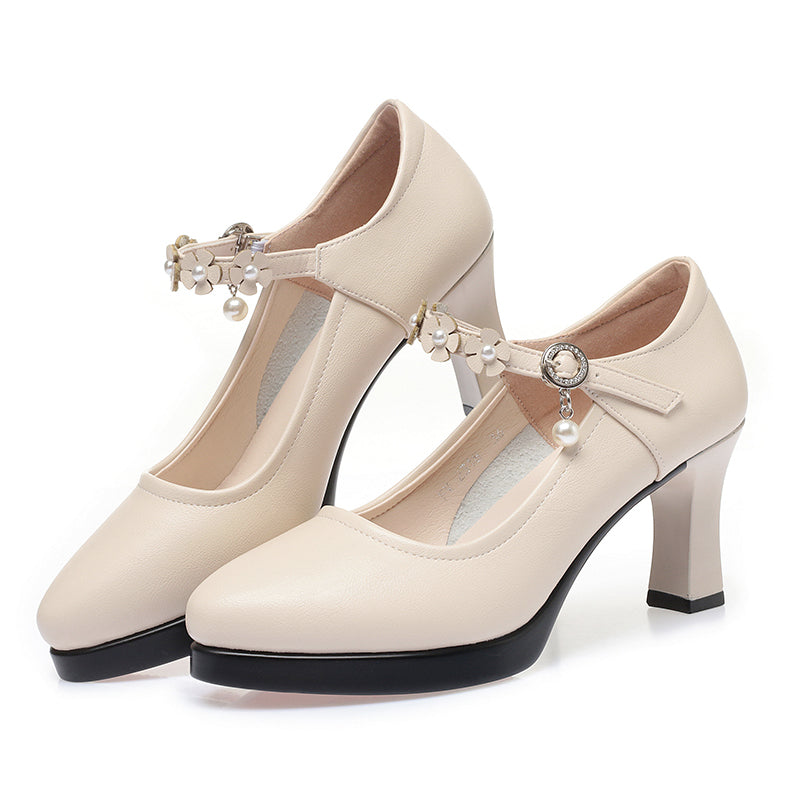 CUSHHIDE Women's Floral Mary Jane Heels with Hook-and-Loop Strap
