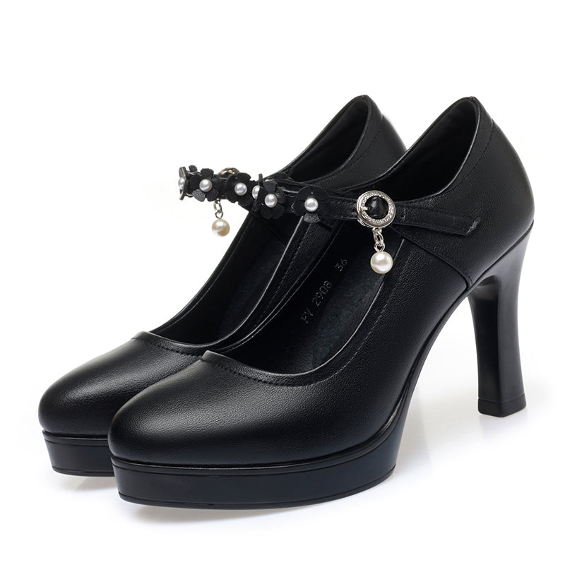 CUSHHIDE Women's Floral Mary Jane Heels with Hook-and-Loop Strap