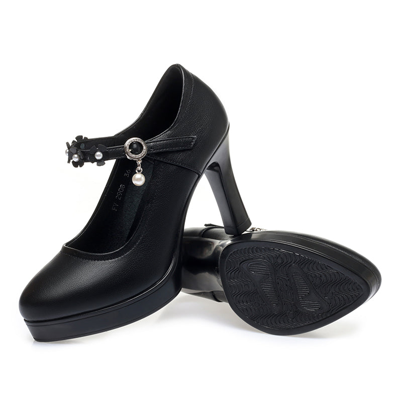 CUSHHIDE Women's Floral Mary Jane Heels with Hook-and-Loop Strap