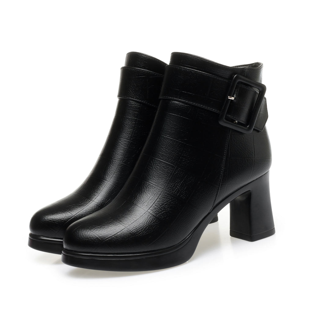 CUSHHIDE Women's Fleece-Lined Ankle Boots with Metal Buckle, 2.8-Inch Heel