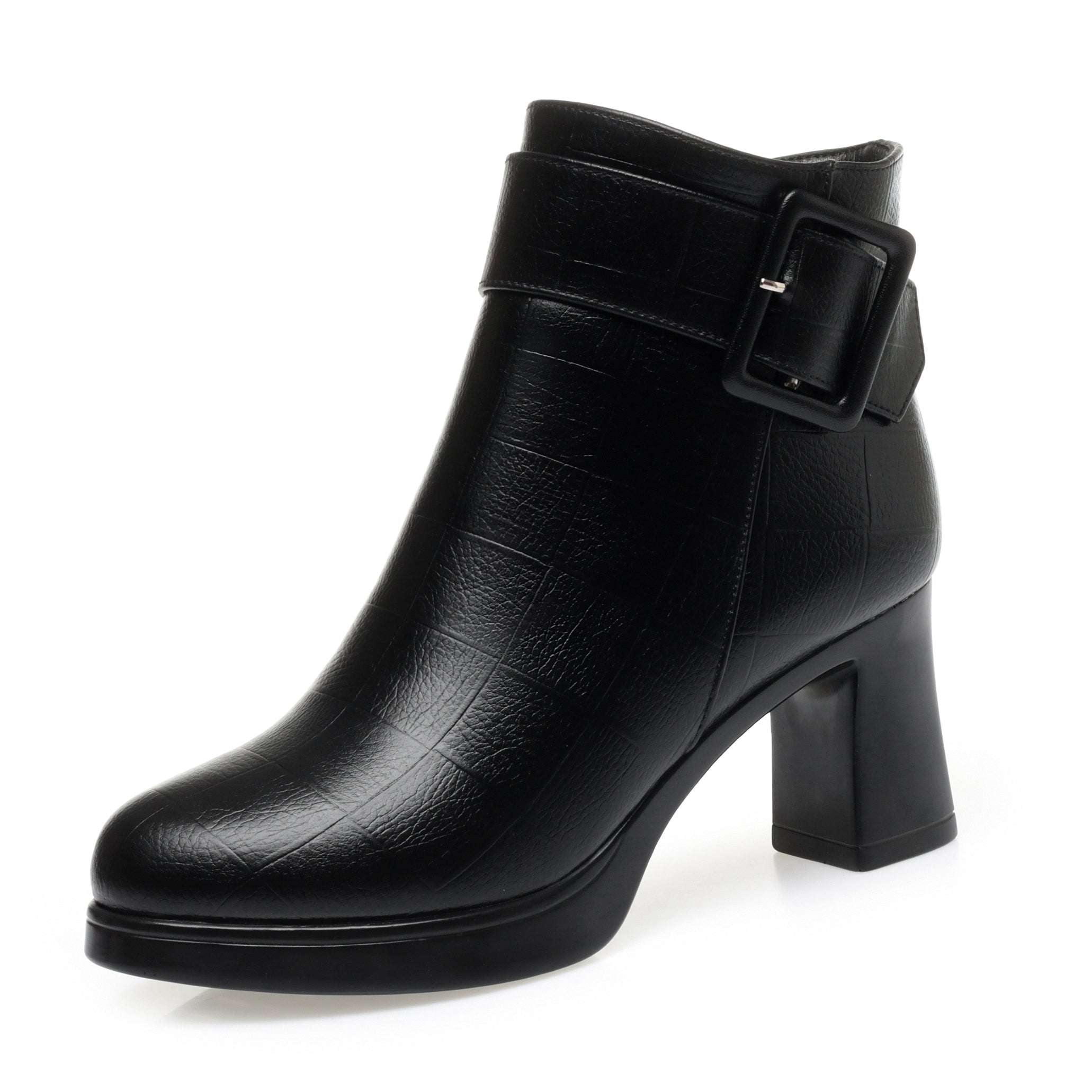 CUSHHIDE Women's Fleece-Lined Ankle Boots with Metal Buckle, 2.8-Inch Heel