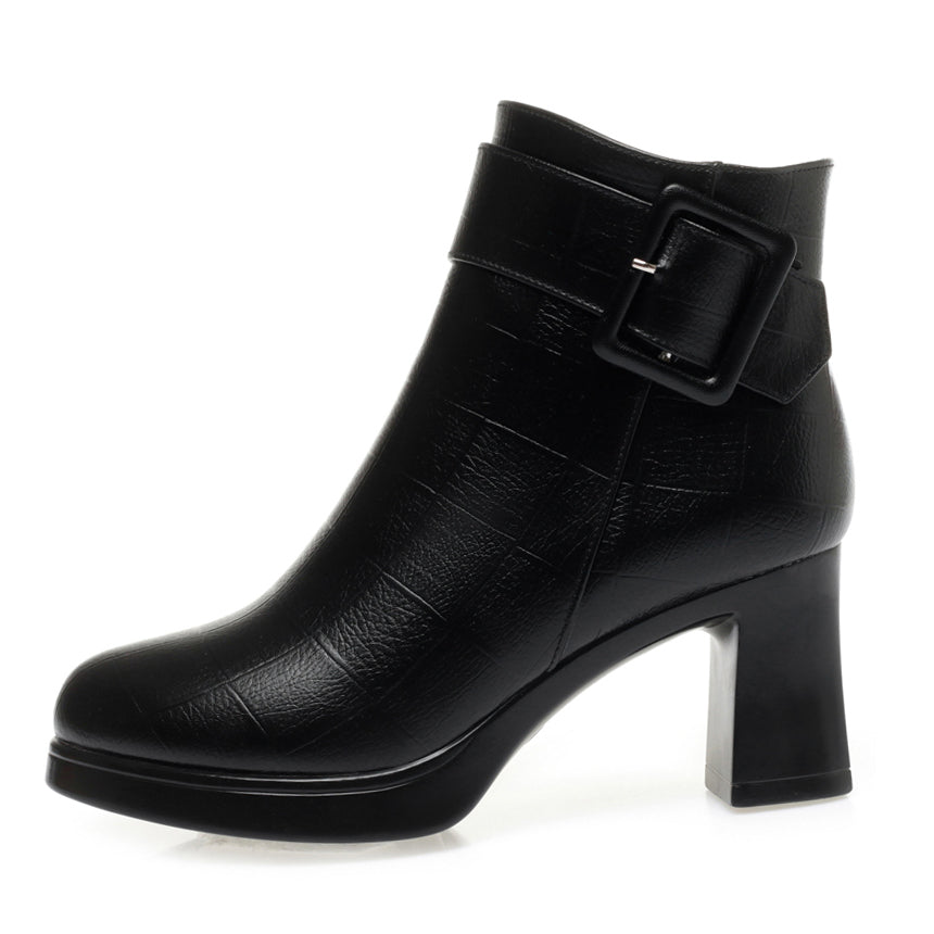 CUSHHIDE Women's Fleece-Lined Ankle Boots with Metal Buckle, 2.8-Inch Heel