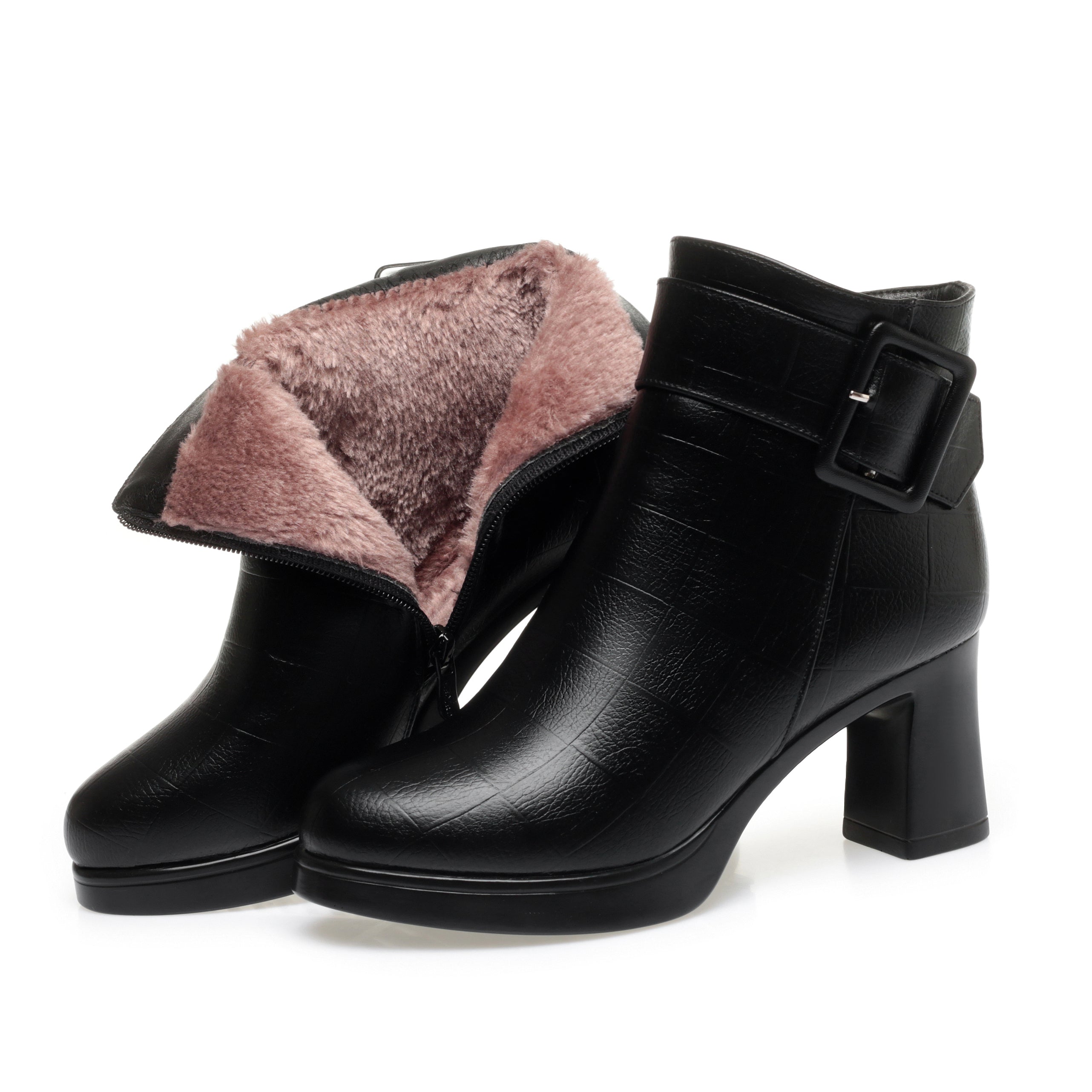 CUSHHIDE Women's Fleece-Lined Ankle Boots with Metal Buckle, 2.8-Inch Heel