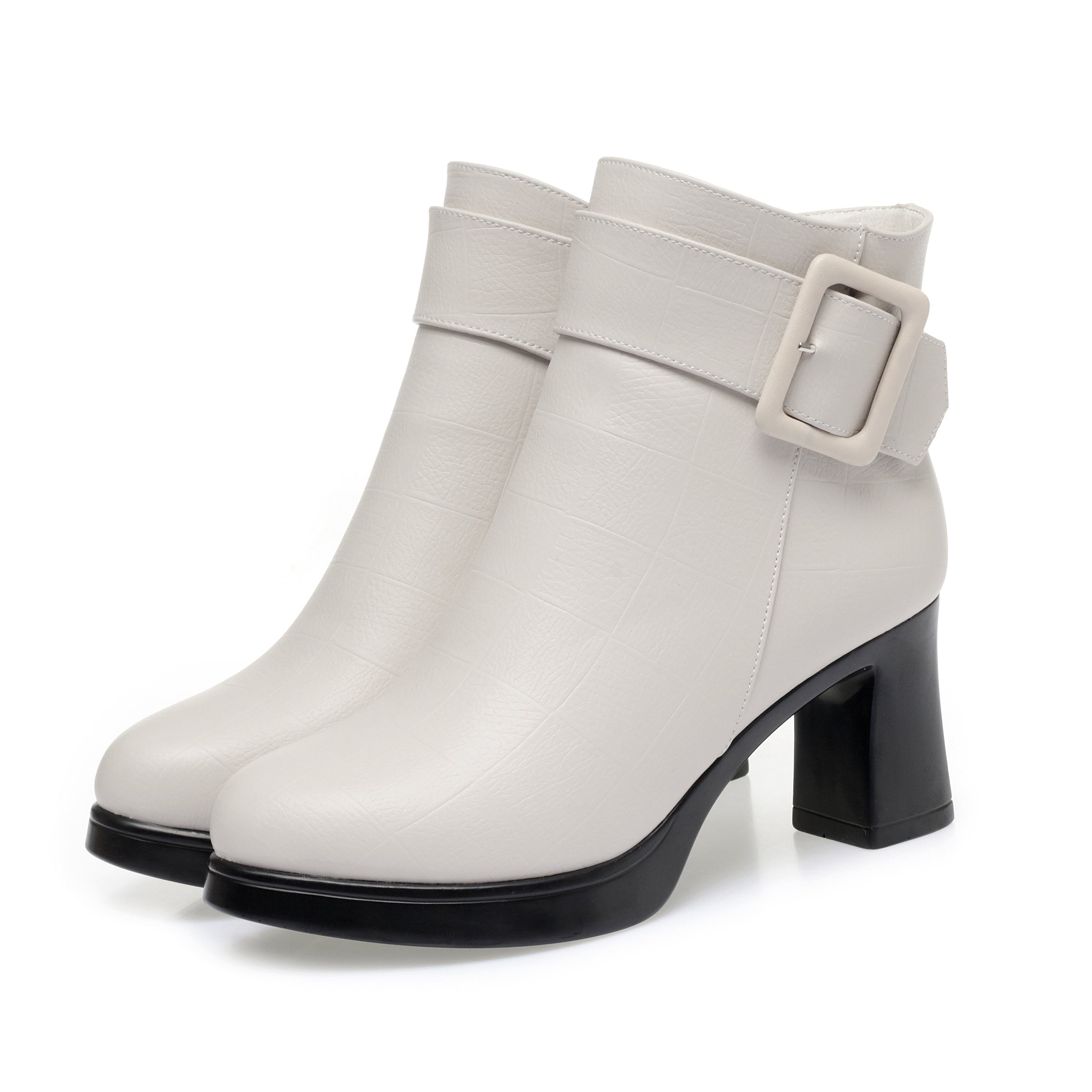 CUSHHIDE Women's Fleece-Lined Ankle Boots with Metal Buckle, 2.8-Inch Heel