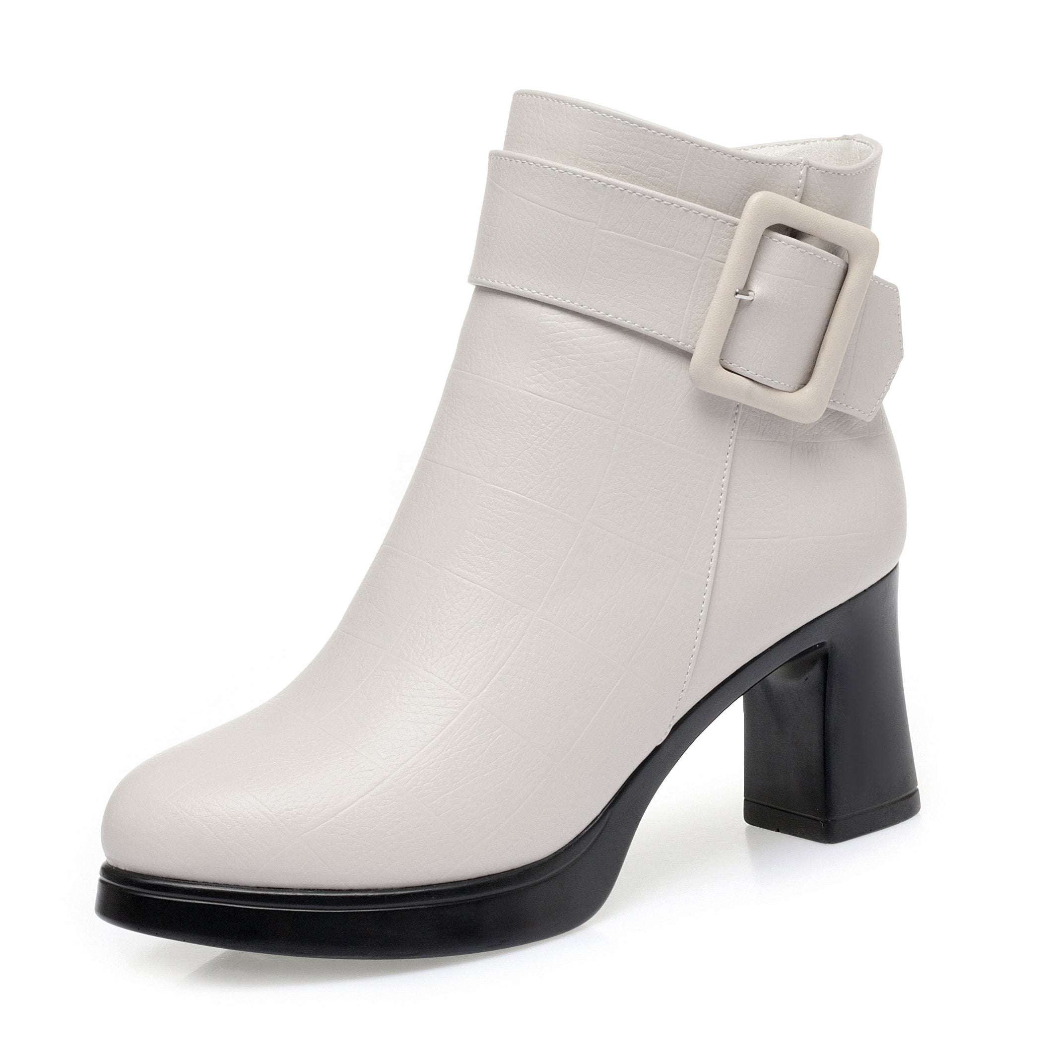 CUSHHIDE Women's Fleece-Lined Ankle Boots with Metal Buckle, 2.8-Inch Heel