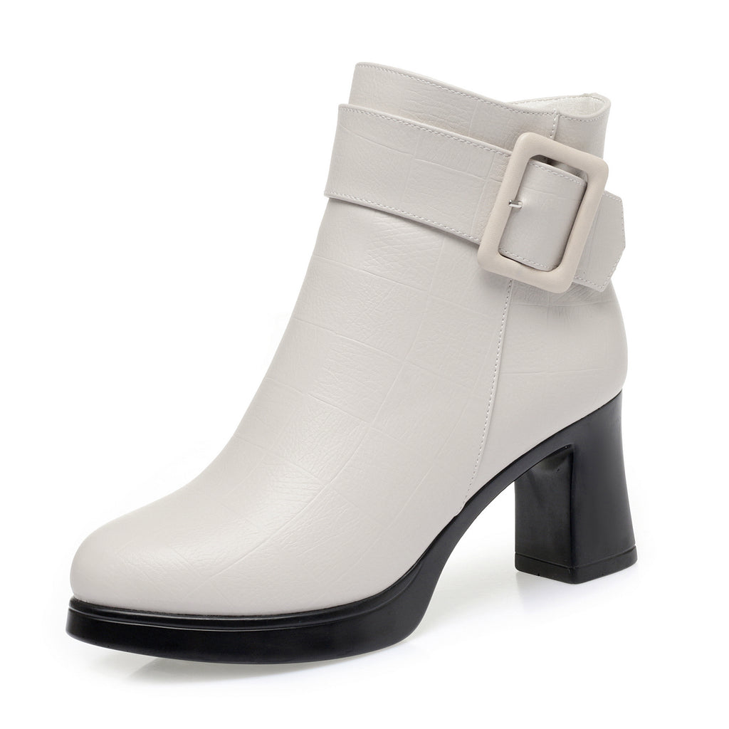 CUSHHIDE Women's Fleece-Lined Ankle Boots with Metal Buckle, 2.8-Inch Heel
