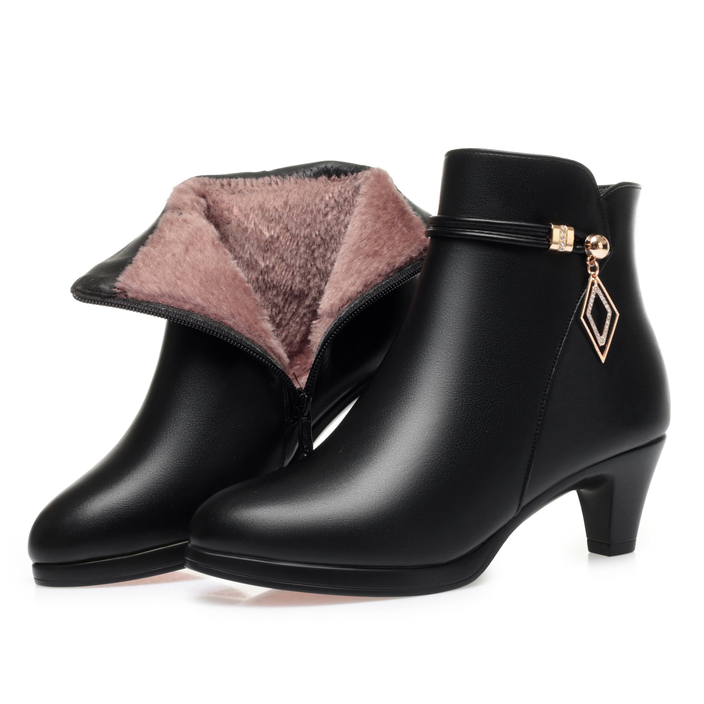 CUSHHIDE Women's Fleece-Lined Ankle Boots with Metal Accent and Side Zipper