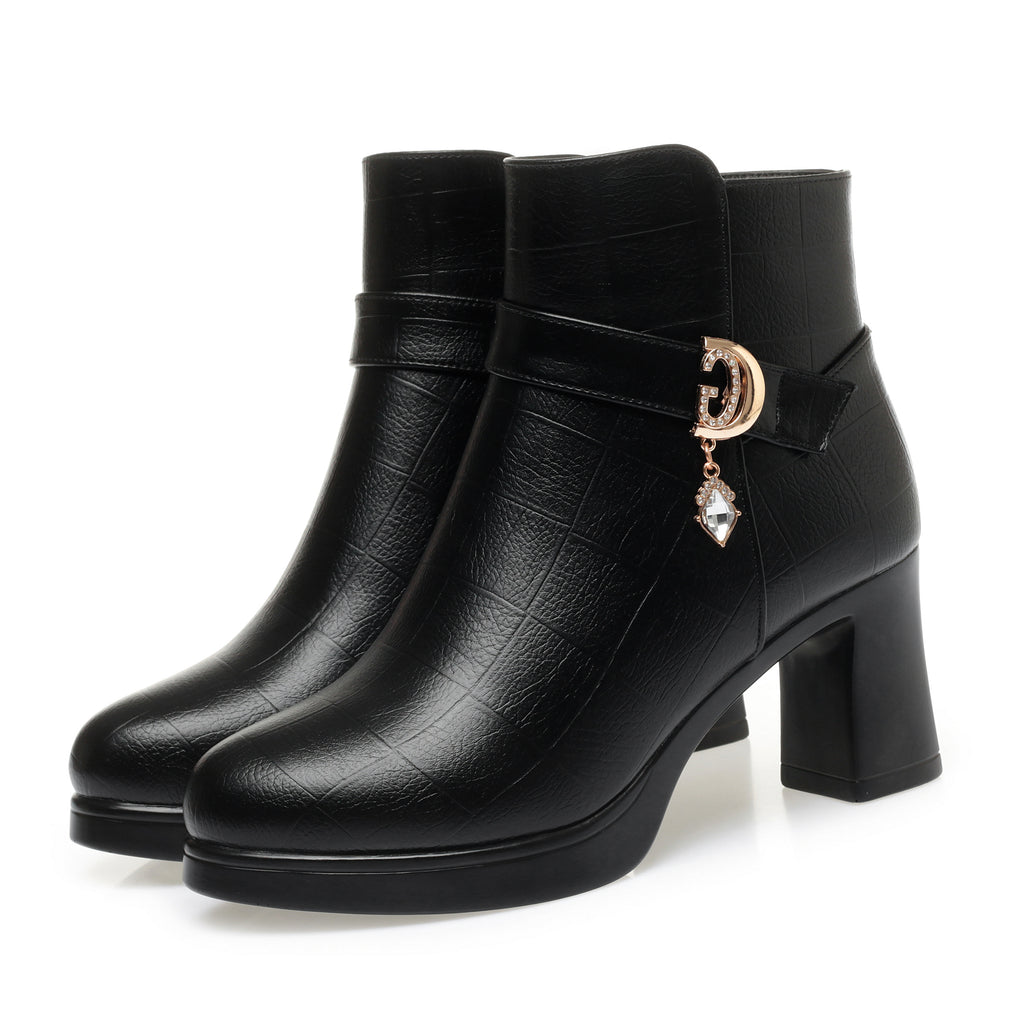 CUSHHIDE Women's Fleece-Lined Ankle Boots with Metal Accent, 2.8-Inch Heel