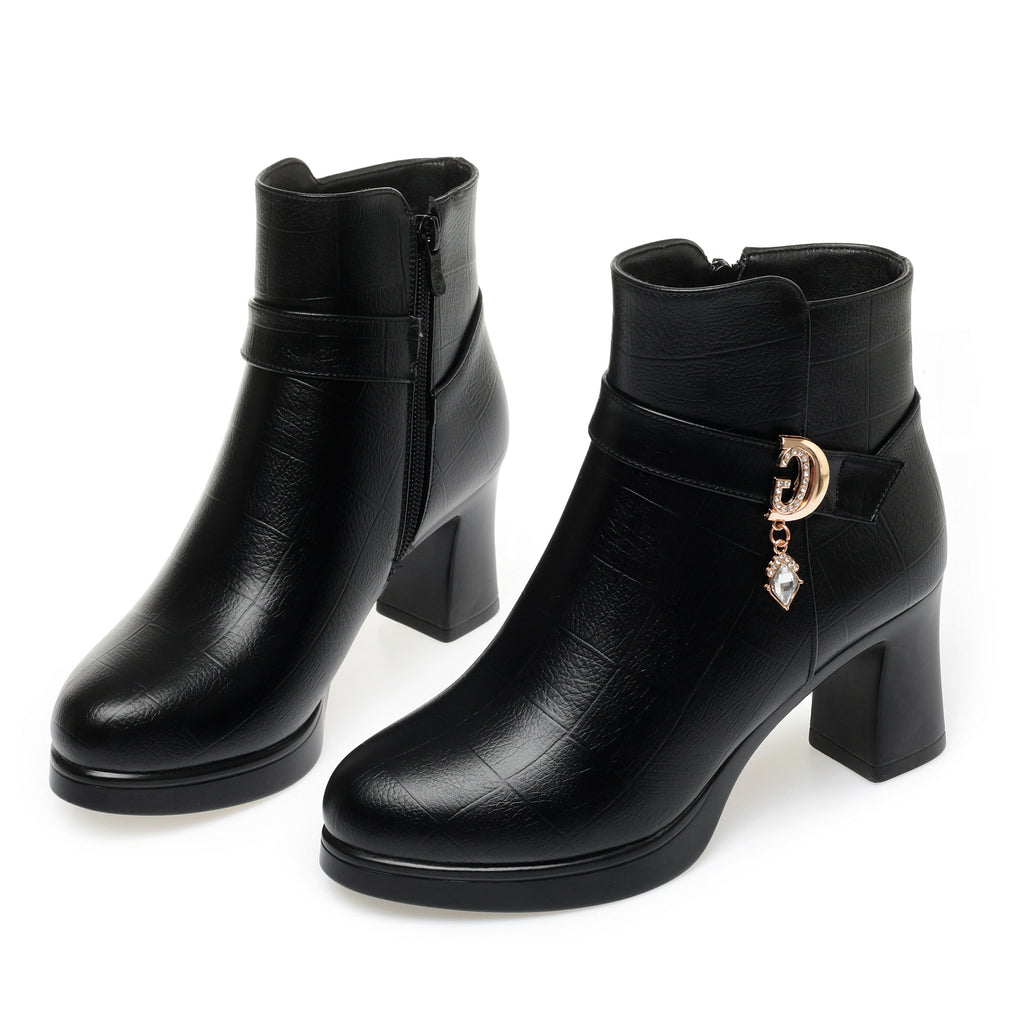 CUSHHIDE Women's Fleece-Lined Ankle Boots with Metal Accent, 2.8-Inch Heel
