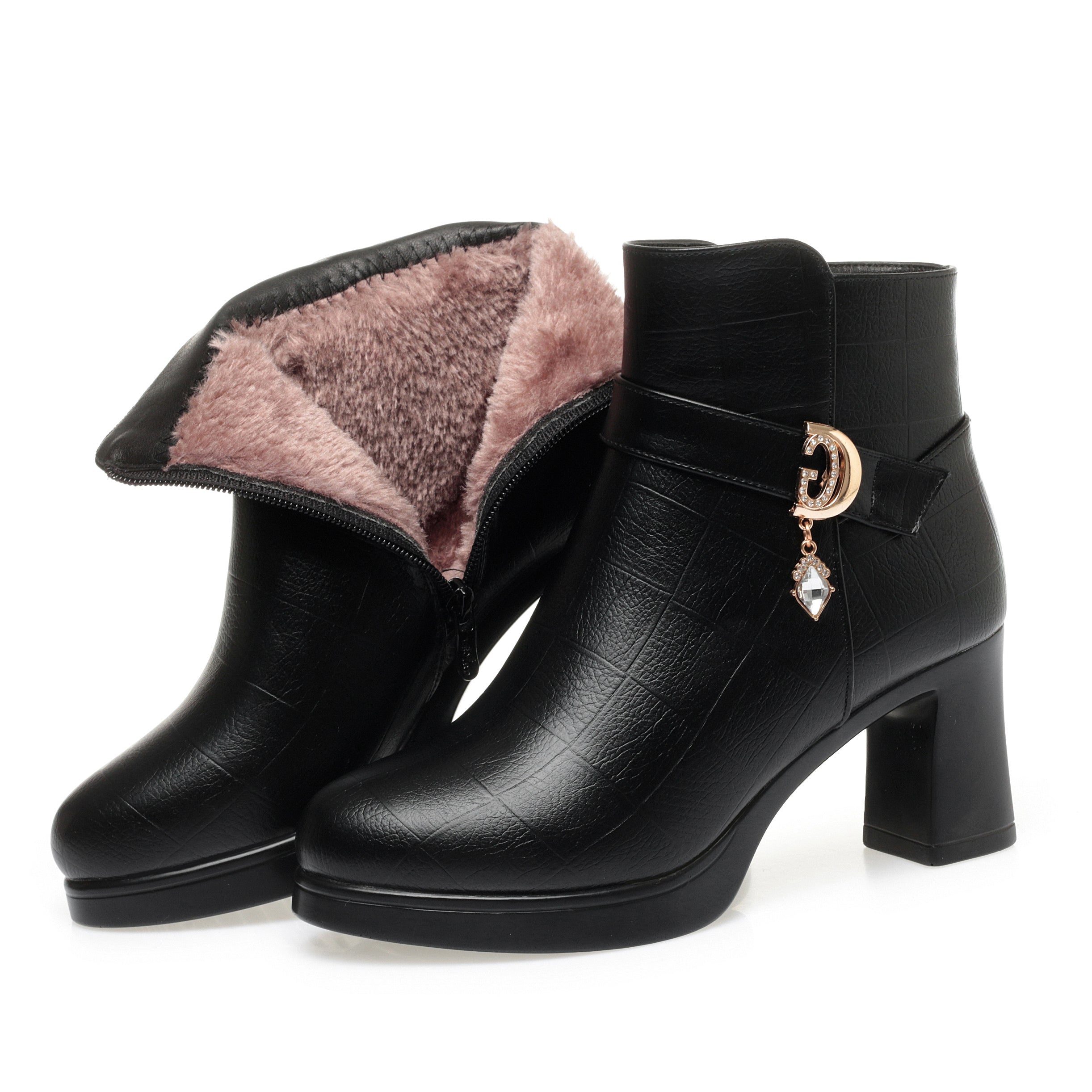CUSHHIDE Women's Fleece-Lined Ankle Boots with Metal Accent, 2.8-Inch Heel