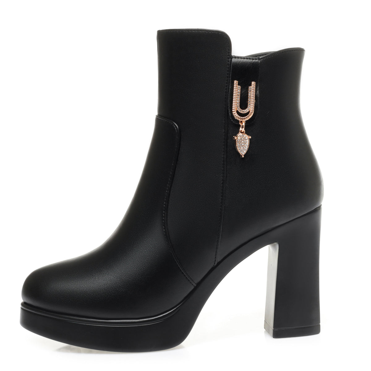Women's black ankle boots with metal pendant 2.8-inch, side view