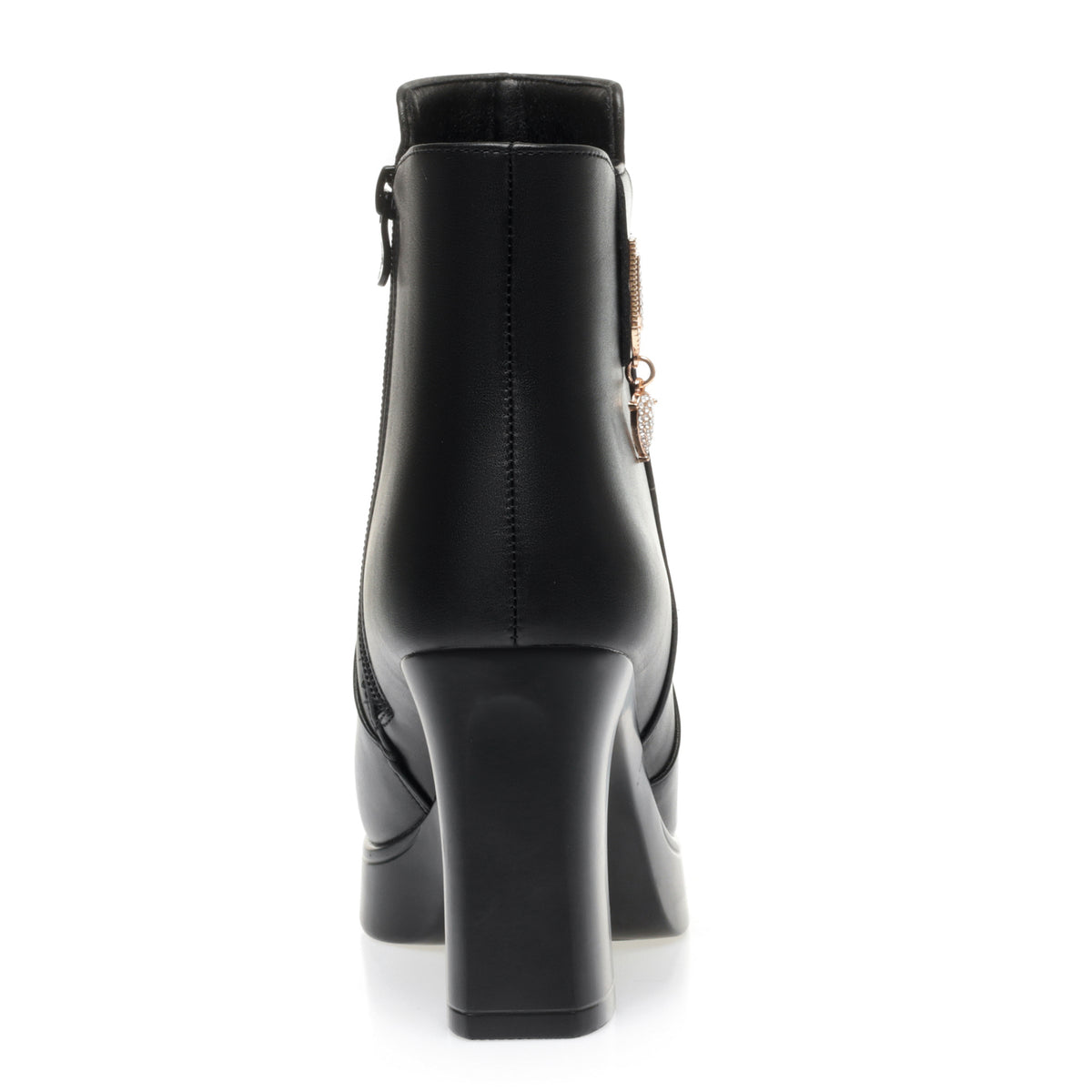 Women's black ankle boots with metal pendant 2.8-inch, front-side view